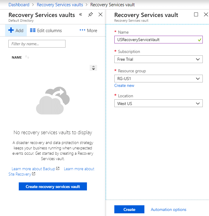 Azure Backup - Create Recovery Service Vault 2