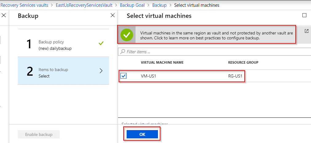 Azure Backup - Select Item to Backup